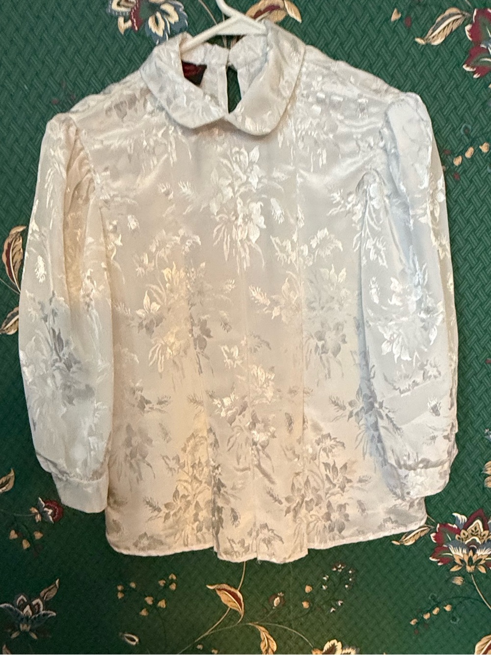 Women's Cream Floral Jacquard Blouse with Peter Pan Collar & Faux Pearl Buttons
